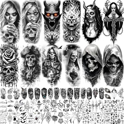 69 Sheets Halloween Skull Temporary Tattoos For Men Women Adults, Nun Skeleton Death Devil Demon Half Arm Sleeve Fake Tattoo Stickers, Bulk Temp Black Evil Spirit Vampire Ghost Tattoo Zombies Satan