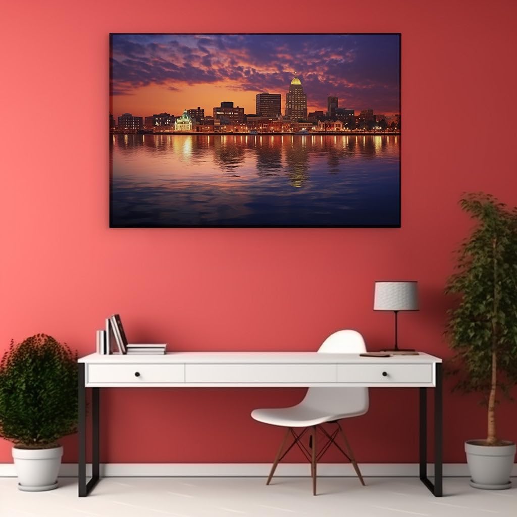 Canvas for Living room. Sunset Serenade - A City Skyline Bathed in Warmth and Wonder, 27 x 18 inch Canvas Wall Art - Contemporary Masterpieces - Modern Home Decor