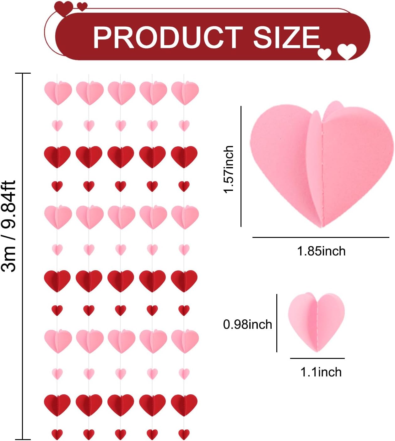 5 Packs Red Pink 3D Love-Heart-Shaped Garland Banner Decor Hanging Paper Streamers,for Engagement Wedding Anniversary Valentine's Day Bridal Baby Shower Birthday Party Supplies（49FT） - Image 2