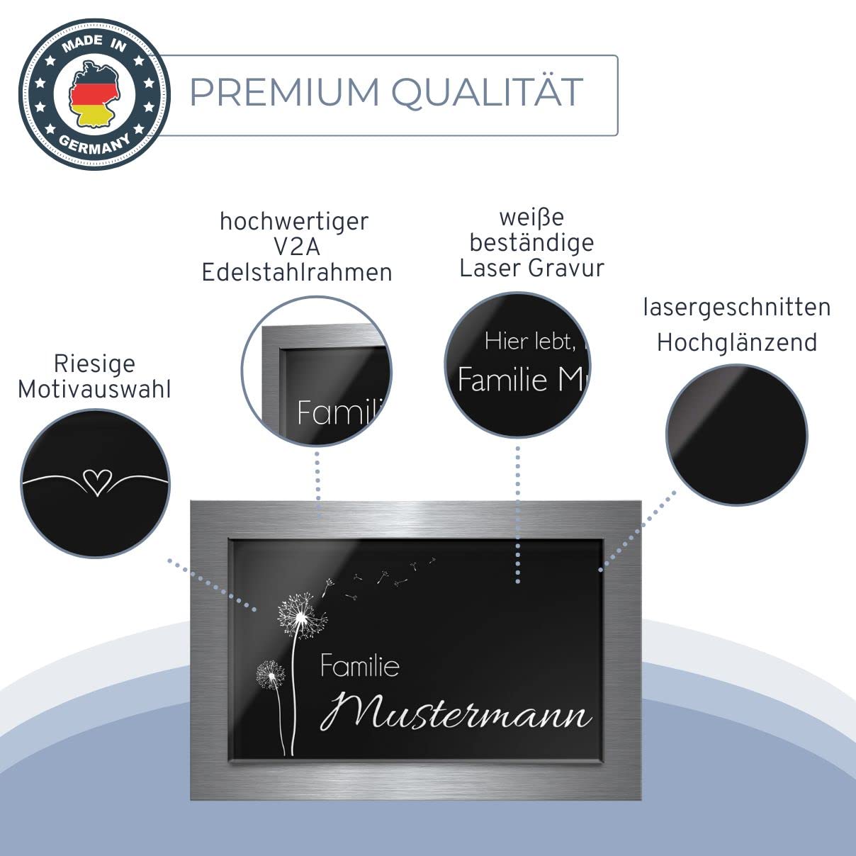 Premium Türschild aus Hochglanz Acrylglas und V2A Edelstahl | Namensschilder mit Gravur und Motiven Familienschild Türschilder für die Haustür mit Namen selbstklebend oder mit Bolzen 30x20 cm