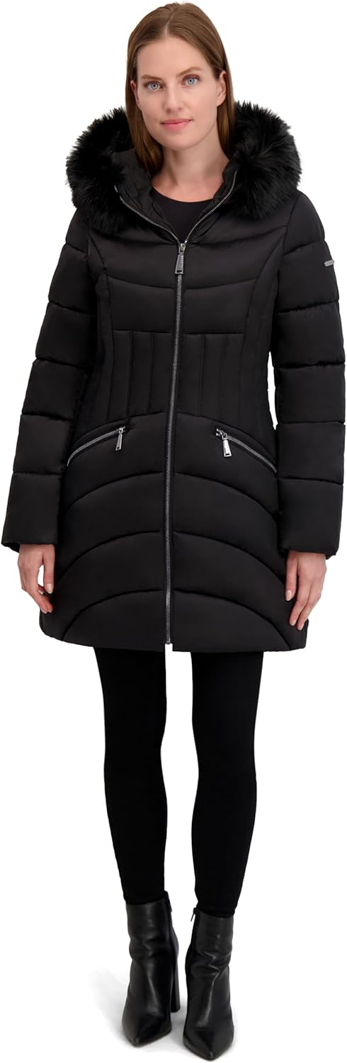 Laundry by Shelli Segal Women's Women’s Shine Marshmallow Puffer Coat –winter Jacket With Faux Fur Hood - Image 4
