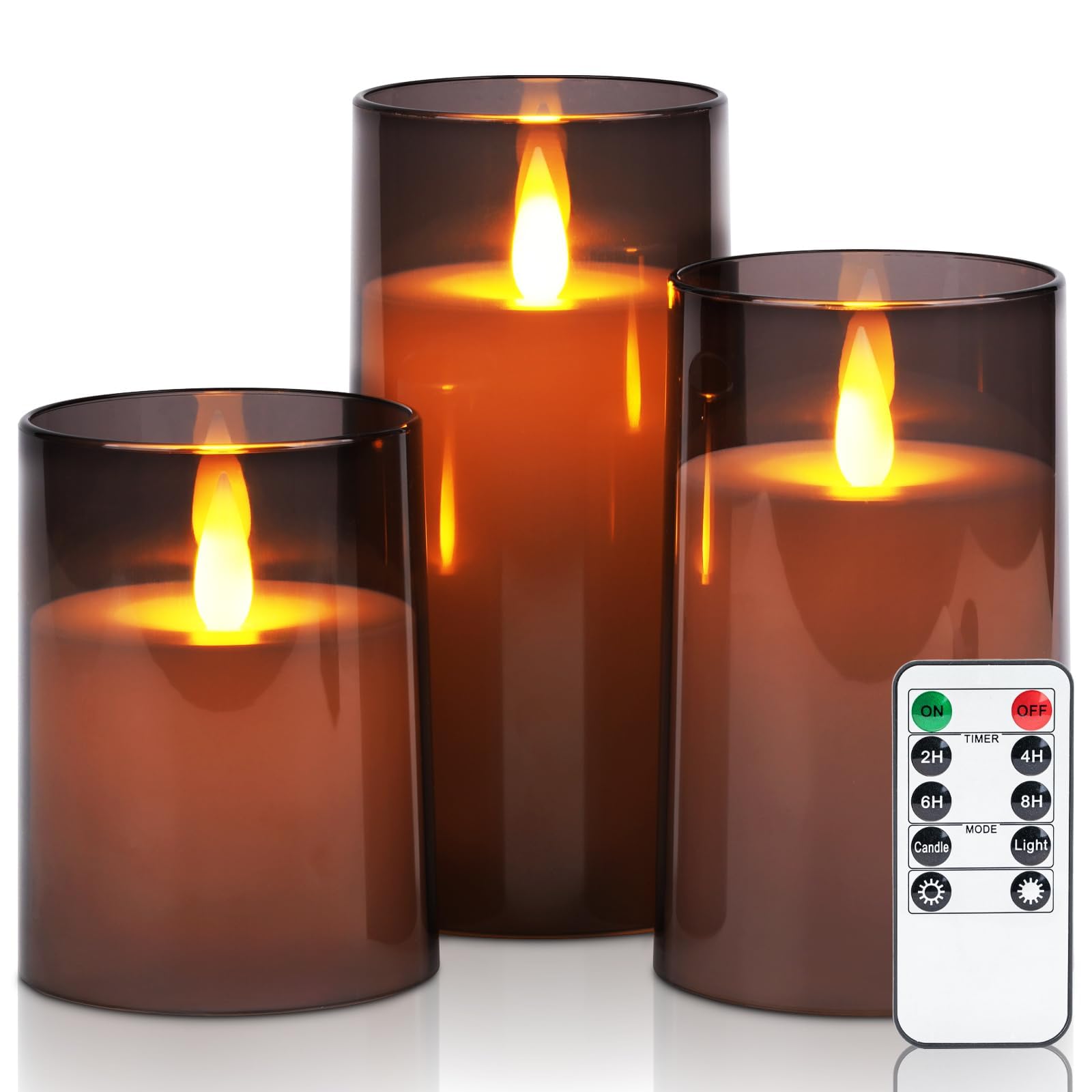 Homemory LED Elektrische Kerzen mit Fernbedienung & Timer, Batteriebetriebene Kerzen mit Flammen-Effekt, Perfekt für Weihnachtsdeko & Wohnzimmer, 3er Set Grau