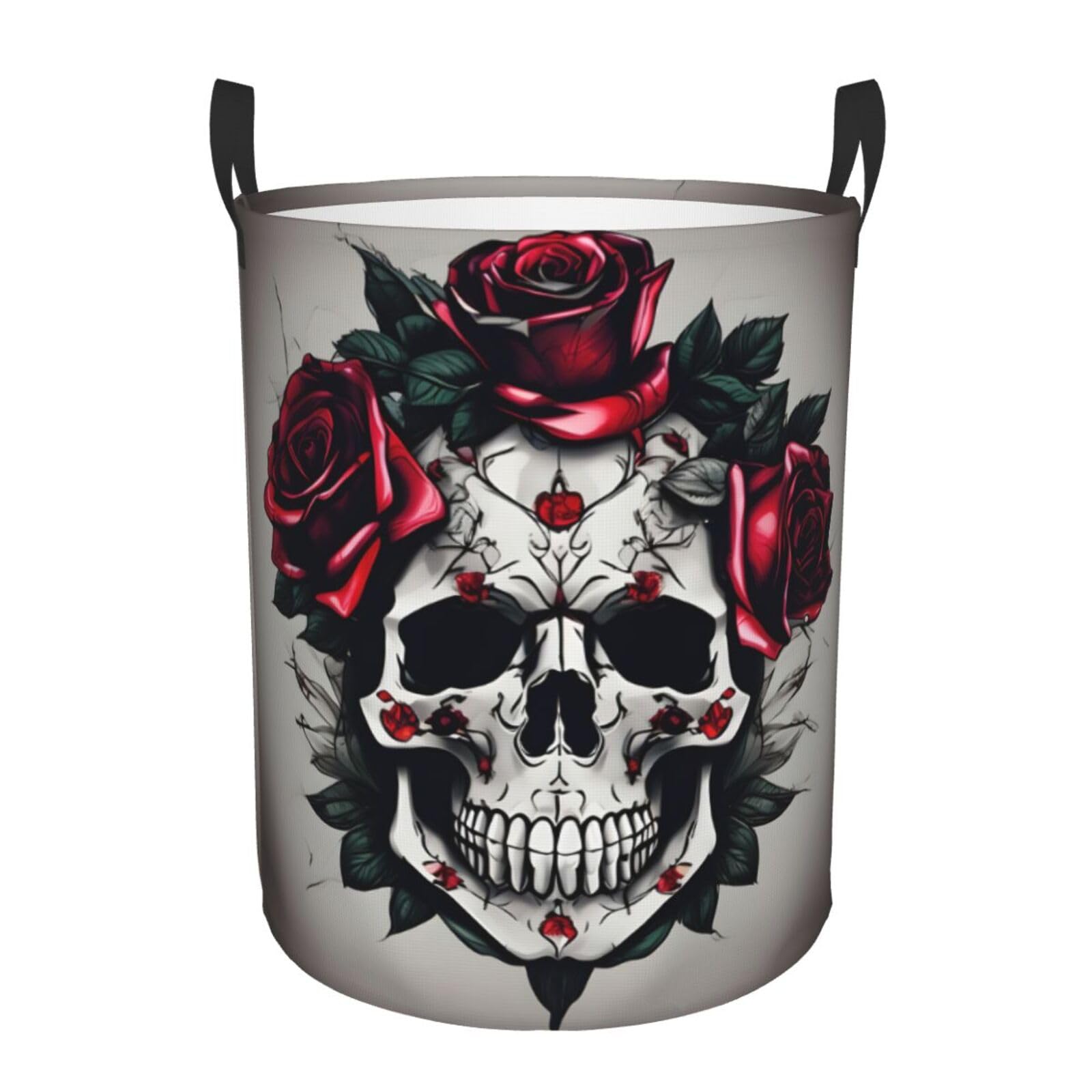 M Collapsible Laundry Hamper Round Red Rose Skull Print Storage