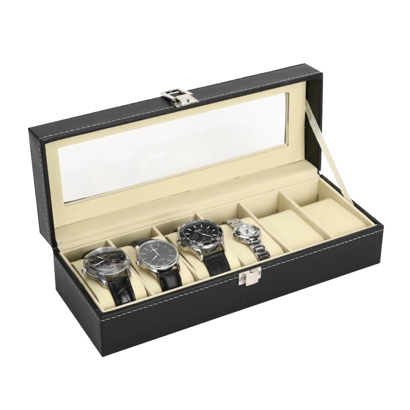 Estuche para Relojes con 6 Compartimentos, Tapa de Cristal, Organizador, Regalo Hombre, Negro