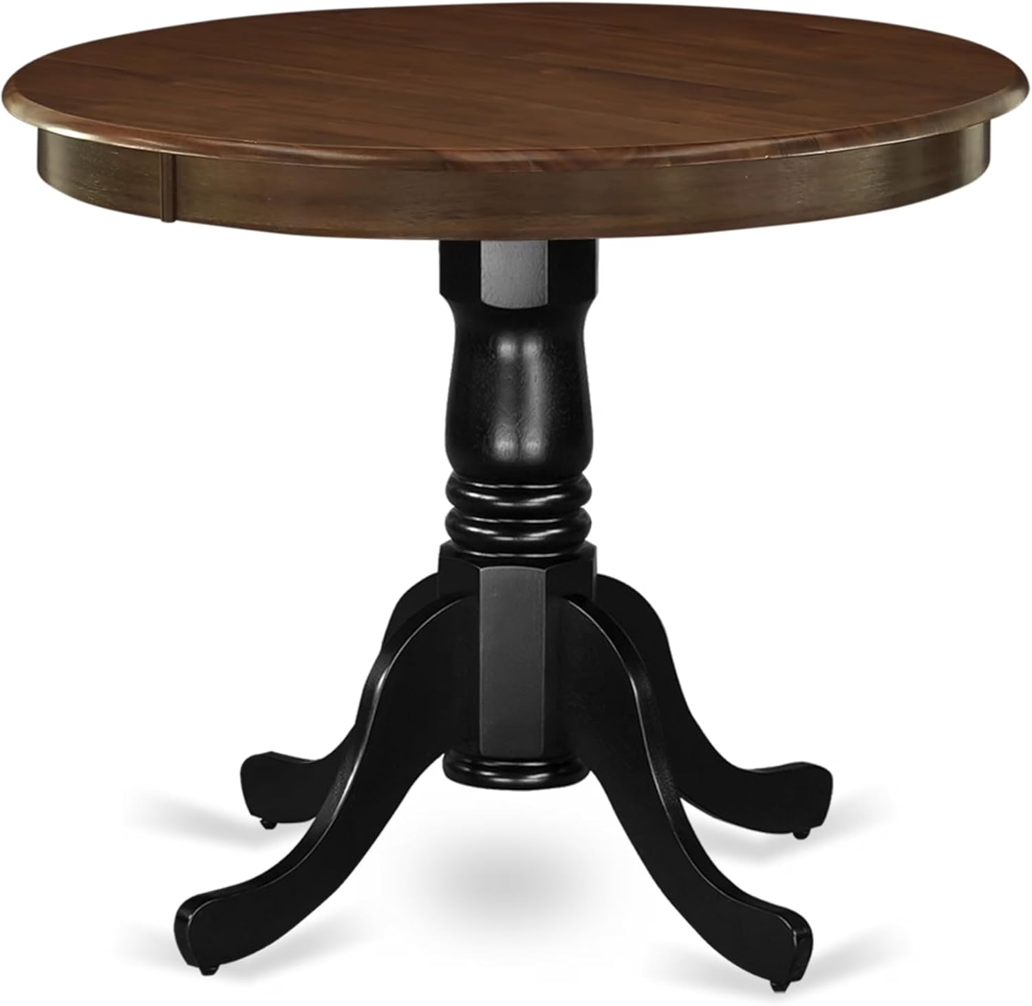East West Furniture AMT-WBK-TP Antique Dining Table - a Round Wooden Table Top with Pedestal Base, 36x36 Inch, Walnut & Black