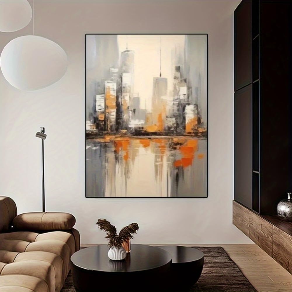 IHHGNB Modern Abstract Cityscape Painting Nordic Style Featuring Black, White Gray Orange and Golden Textures Canvas Wall Art(70x90cm(26x35in)/No frame)
