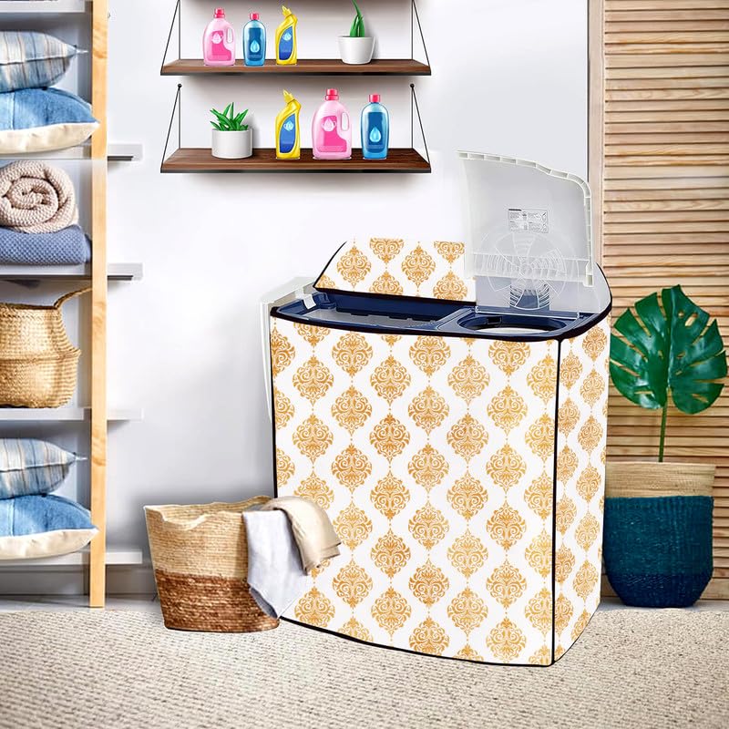 Image of PVC Printed Semi Automatic Washing Machine Cover Compatible For Samsung, Lg, Whirlpool 6Kg, 6.2Kg, 6.5Kg, 7Kg, 7.2Kg, 7.5Kg, 8kg, 8.5kg | Waterproof & Dustproof Cover, Dmass Gold.