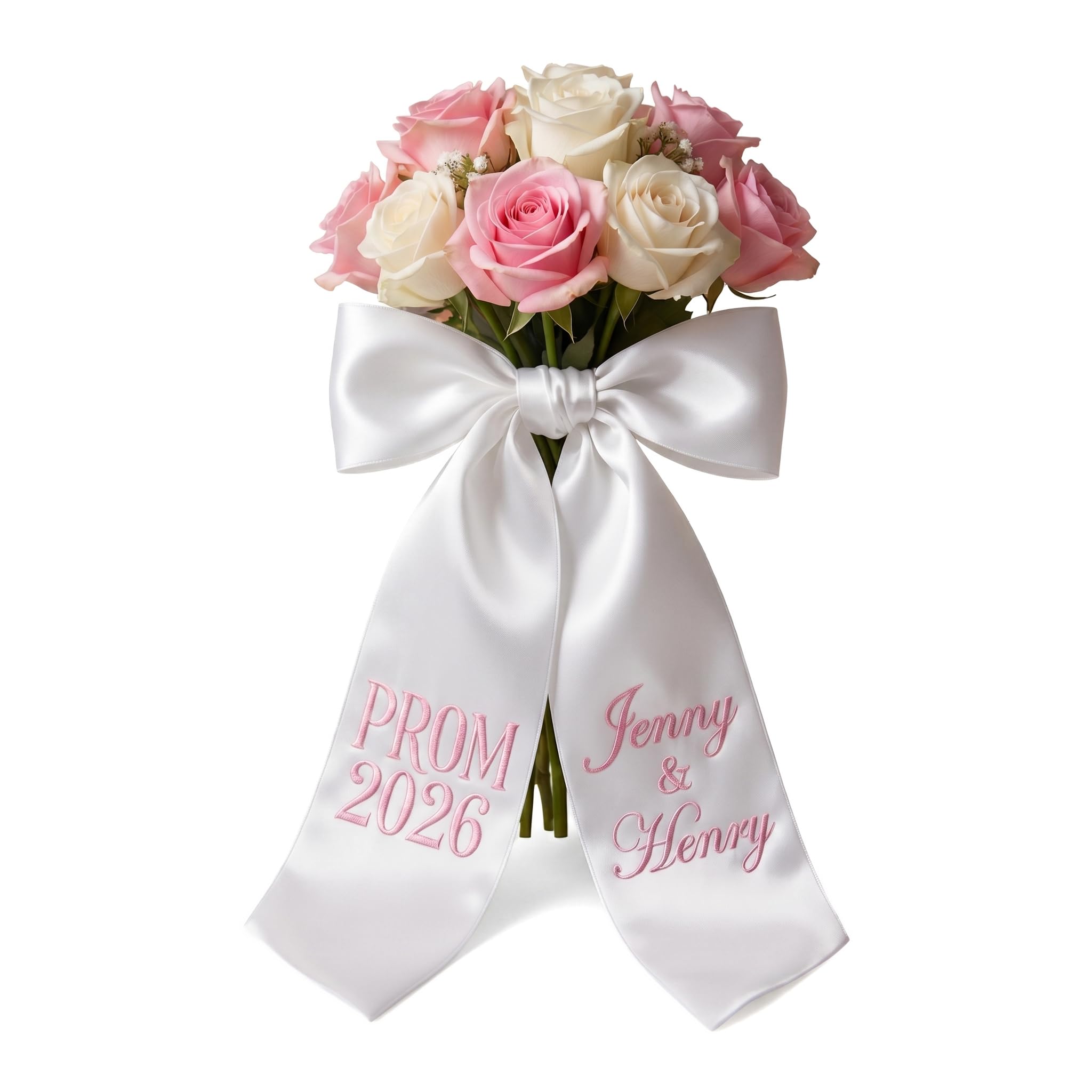 Personalized Prom Bouquet Sash 2026 - Custom Embroidered Bouquet Sash Bow, Monogram Flower Bouquet Wrap for Prom, Wedding Corsage Bow