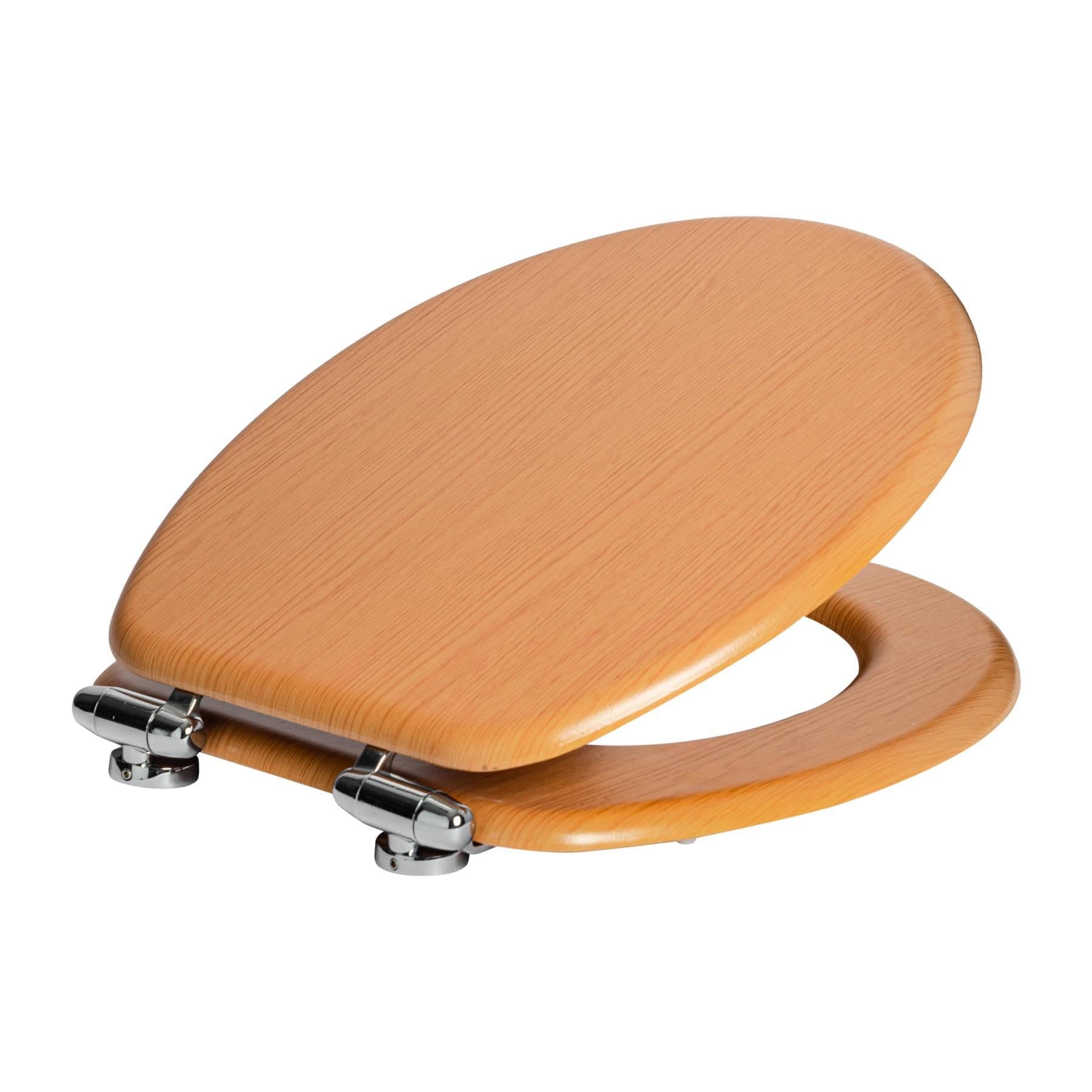 Harbour Housewares Soft Close Toilet Seat - Beech - Pack of 1 - Oval-Shaped Wooden Toilet Seat Antibacterial Loo Lid with Universal Chrome Hinges, Fixings & Fittings