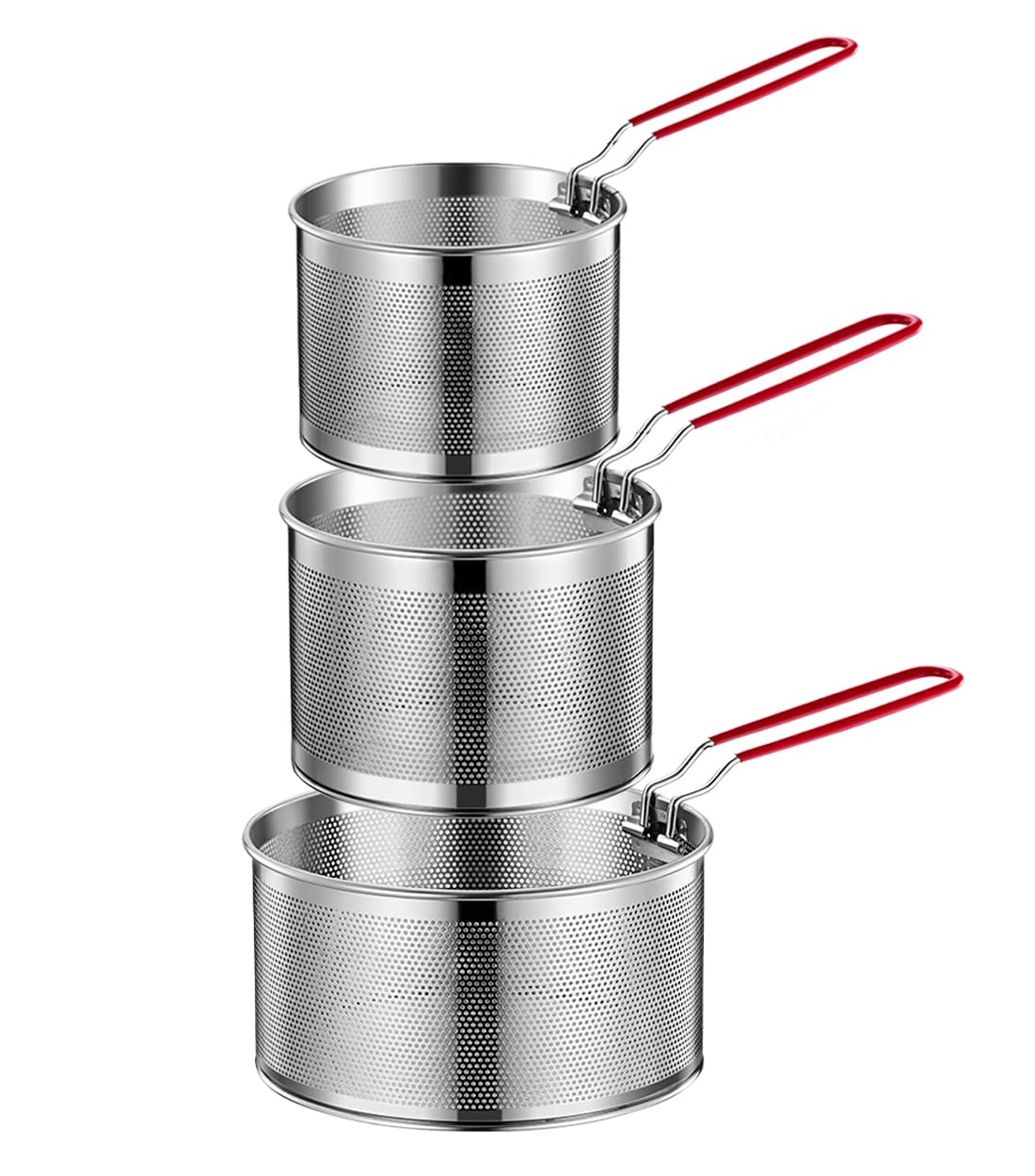 3 colini per pasta, in acciaio inox, con manico rimovibile, cestino per la pasta, cestello per friggitrice, scolapasta da cucina per lavare sgocciolare, friggere a vapore (16 e 18 e 20 cm)