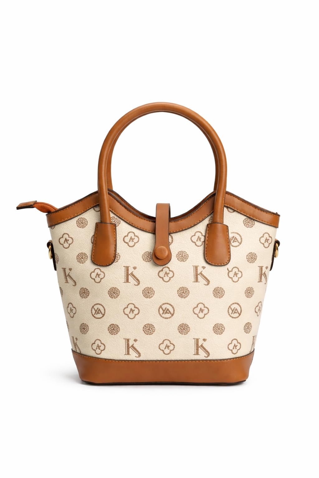 KS Monogram Print Structured Tote Bag, Beige and Tan, Round Handles with Crossbody Strap II Office and Casual Look.-image-23