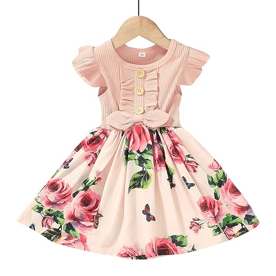 Hopscotch Baby Girls Cotton Short Wings Floral Printed Casual Dresses in Pink Color