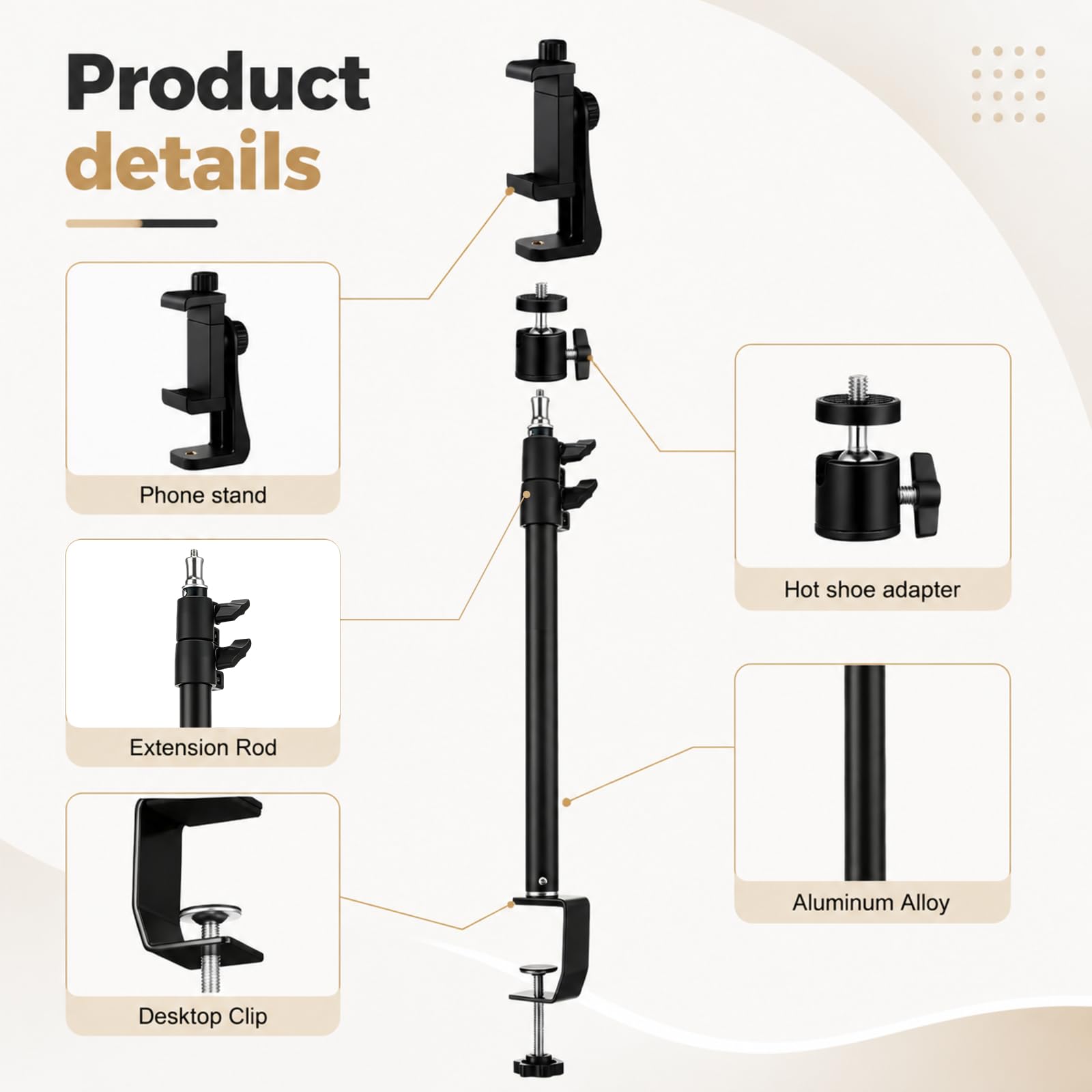 Shimeyao Confezione da 4 supporti da scrivania estensibili per fotocamera, supporto regolabile da 38 a 89 cm, morsetto a C da tavolo per webcam, luce ad anello per streaming live e riprese video