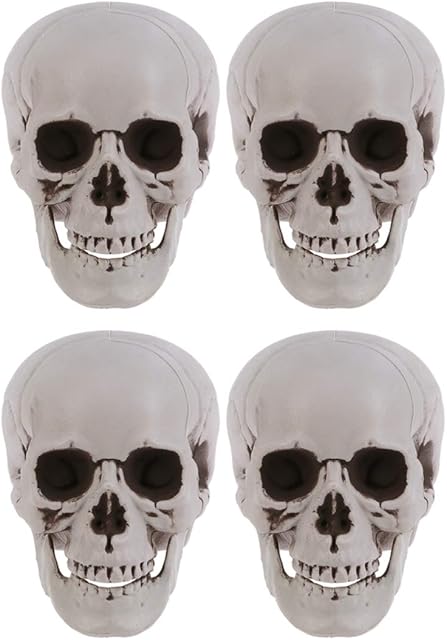 Amosfun 4PCS Halloween Skull Decoration Plastic Skeleton Model Human Skull Head Halloween Prop for Halloween Home Table Decor