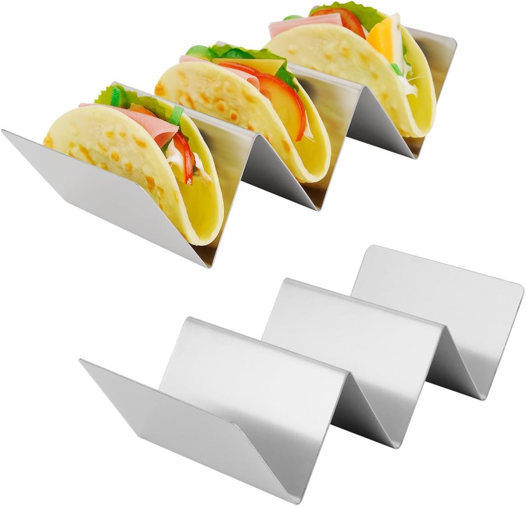 Amazer 2-Pack Taco Holder Stand, Large Stainless Steel Taco Rack Hold Hard or Soft Taco Shells, Oven Safe for Baking Dishwasher and Grill Safe -Hold 2 or 3 Tacos