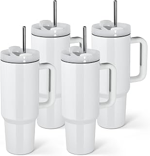 AGH 4 Pack 40 oz White Sublimation Tumbler with Handle, Stainless Steel Straw, Insulated Double Wall Vacuum Reusable Cups with Leakproof Lid
