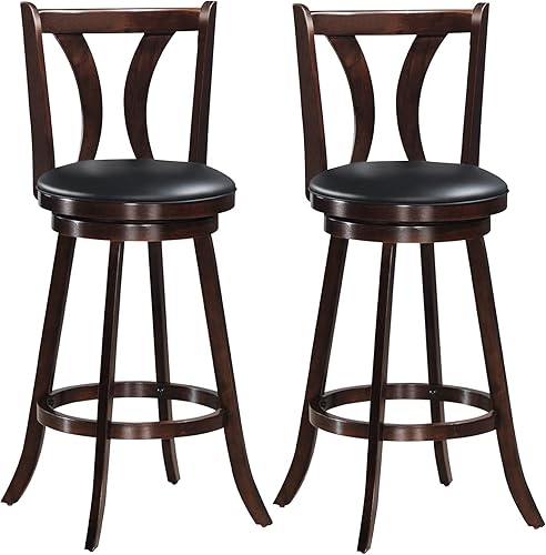 COSTWAY Juego de 2 taburetes giratorios de 360 grados con asiento acolchado de cuero, respaldo de listones individuales y patas de madera de goma