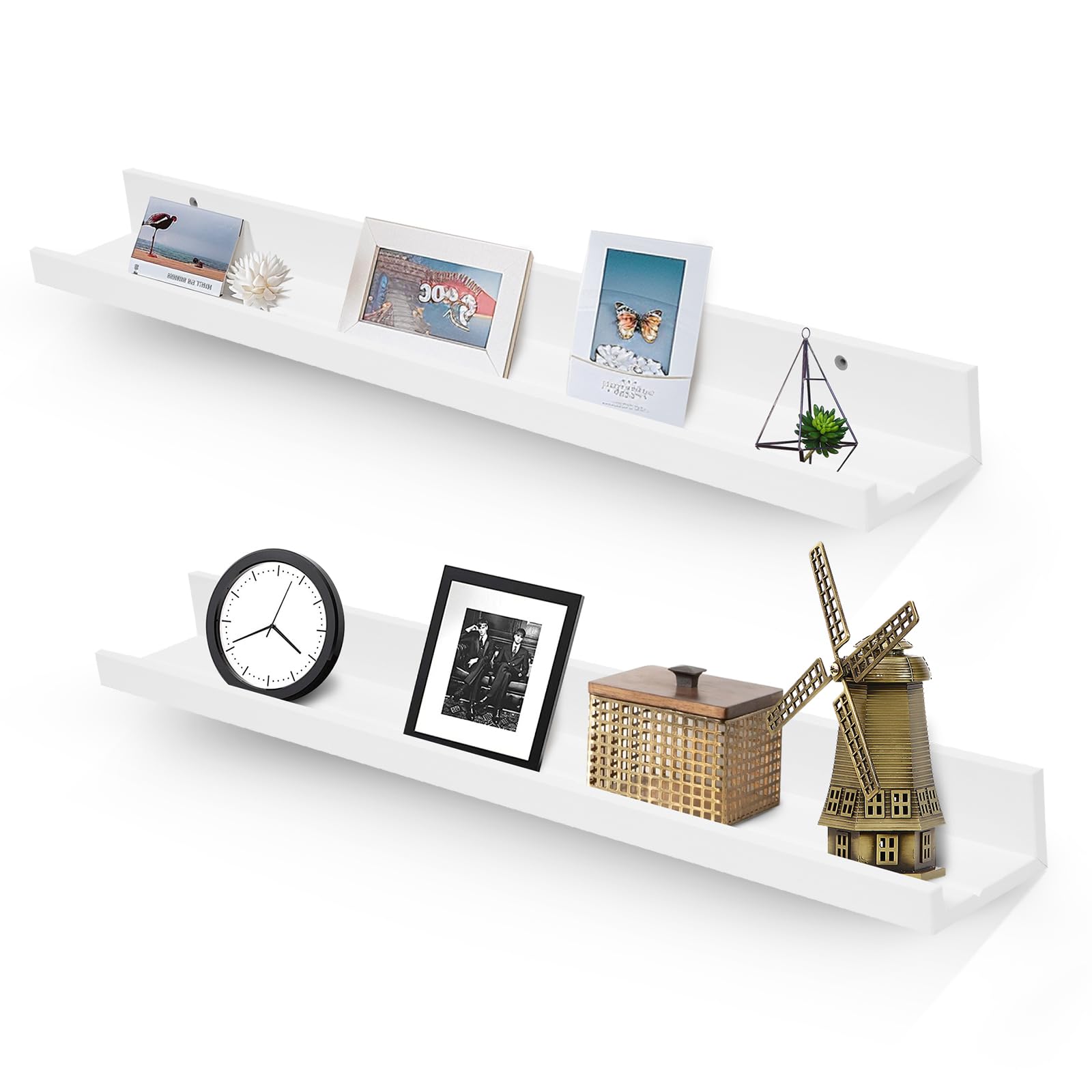 Muzilife 35.4" Large Floating Wall Ledge Shelves with Lip - Set of 2 Wood Floating Shelves - White Wall Mounted Picture Ledge for Office, Bathroom, Bedroom, Living Room, Kitchen