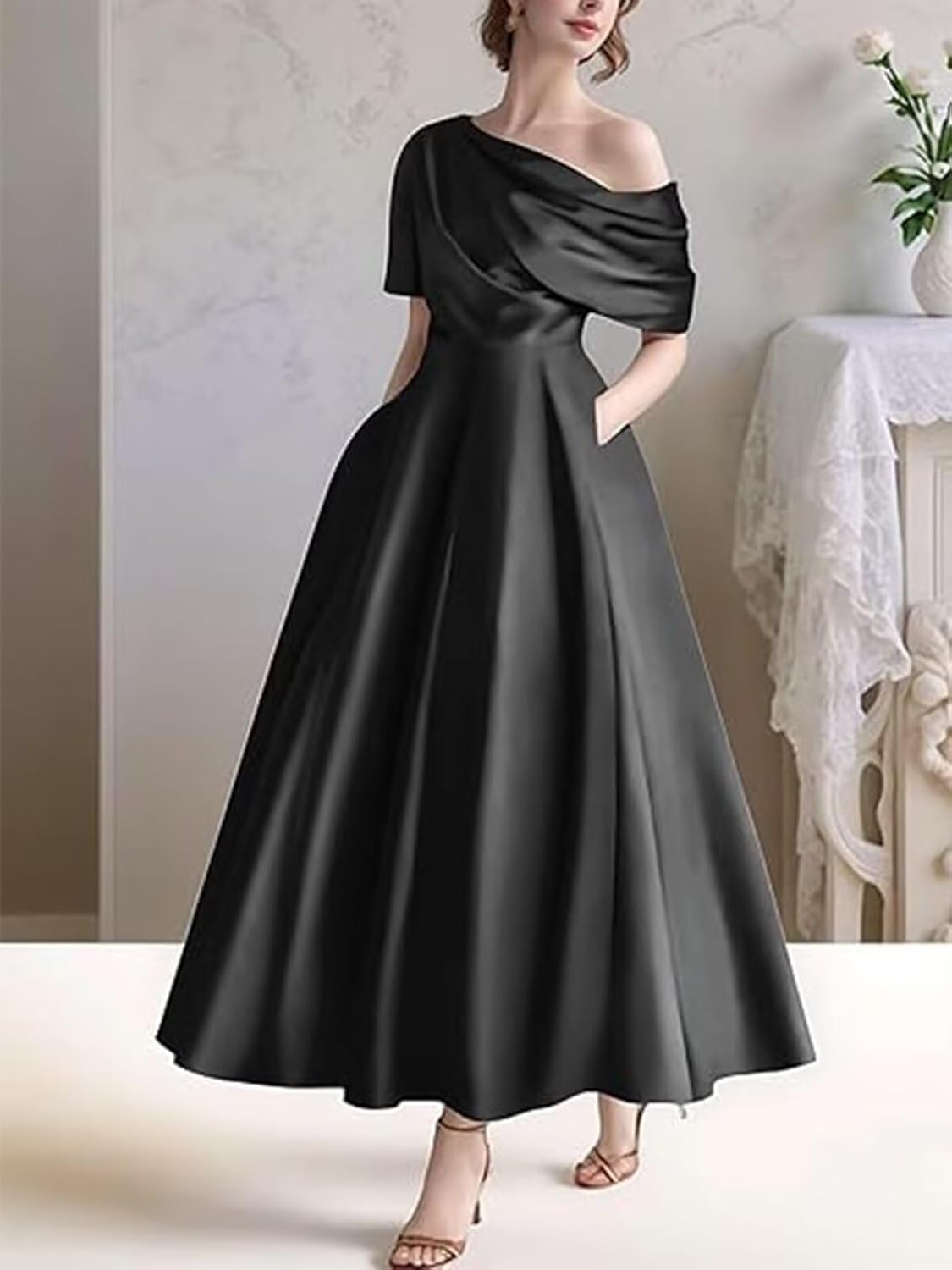 Mother of The Bride Dress Satin One Shoulder Formal Evening Gowns with Pockets Tea Length Wedding Guest Dresses