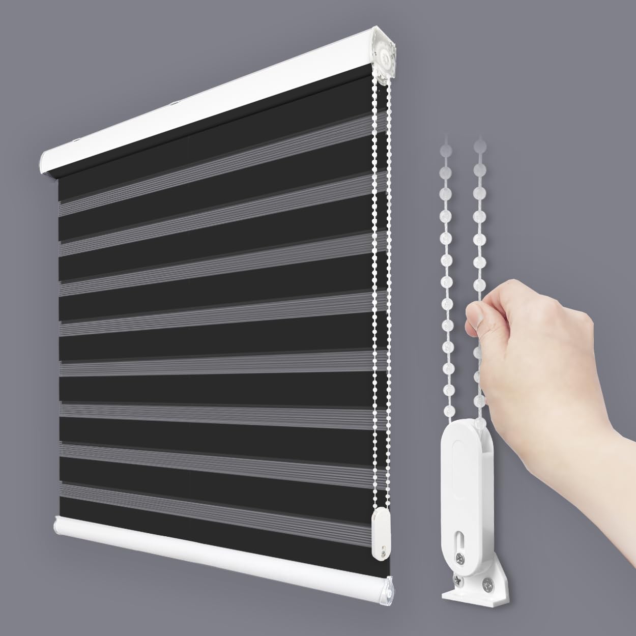 Foiresoft Standard Custom Zebra Roller Blinds for Windows [W10-105 x H10-115 Inch, Black, Basic], Light Filtering Dual Layer Shades for Bedroom, Living Room, Office, 13 Colors