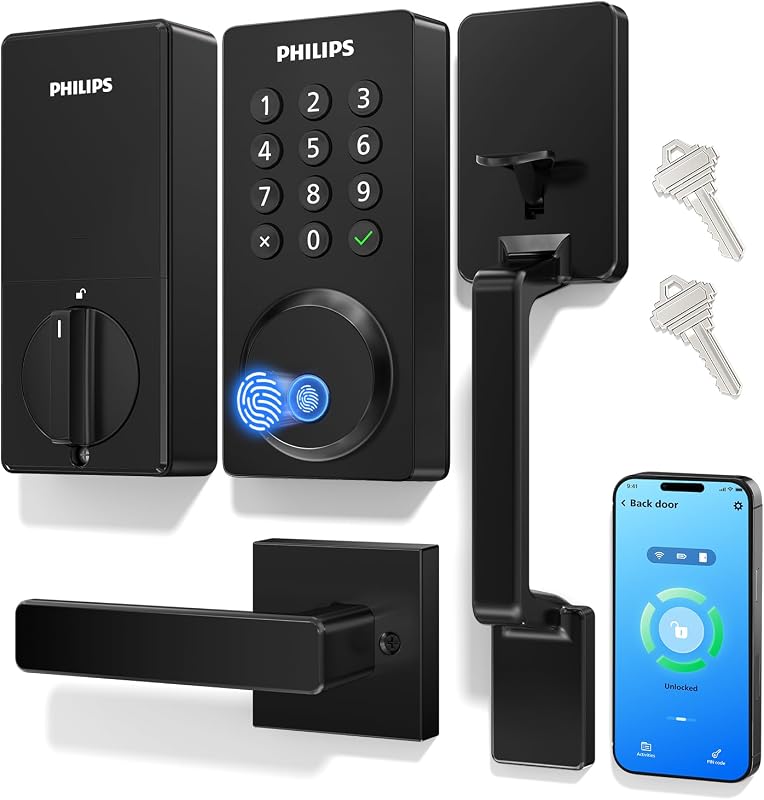Juego de cerradura de puerta delantera inteligente con Wi-Fi actualizado, cerrojo de entrada sin llave con huella digital, cerradura de teclado con manija, control de aplicación remota, IP53 a prueba de agua, bloqueo automático, contraseña anti-mirones, fácil instalación