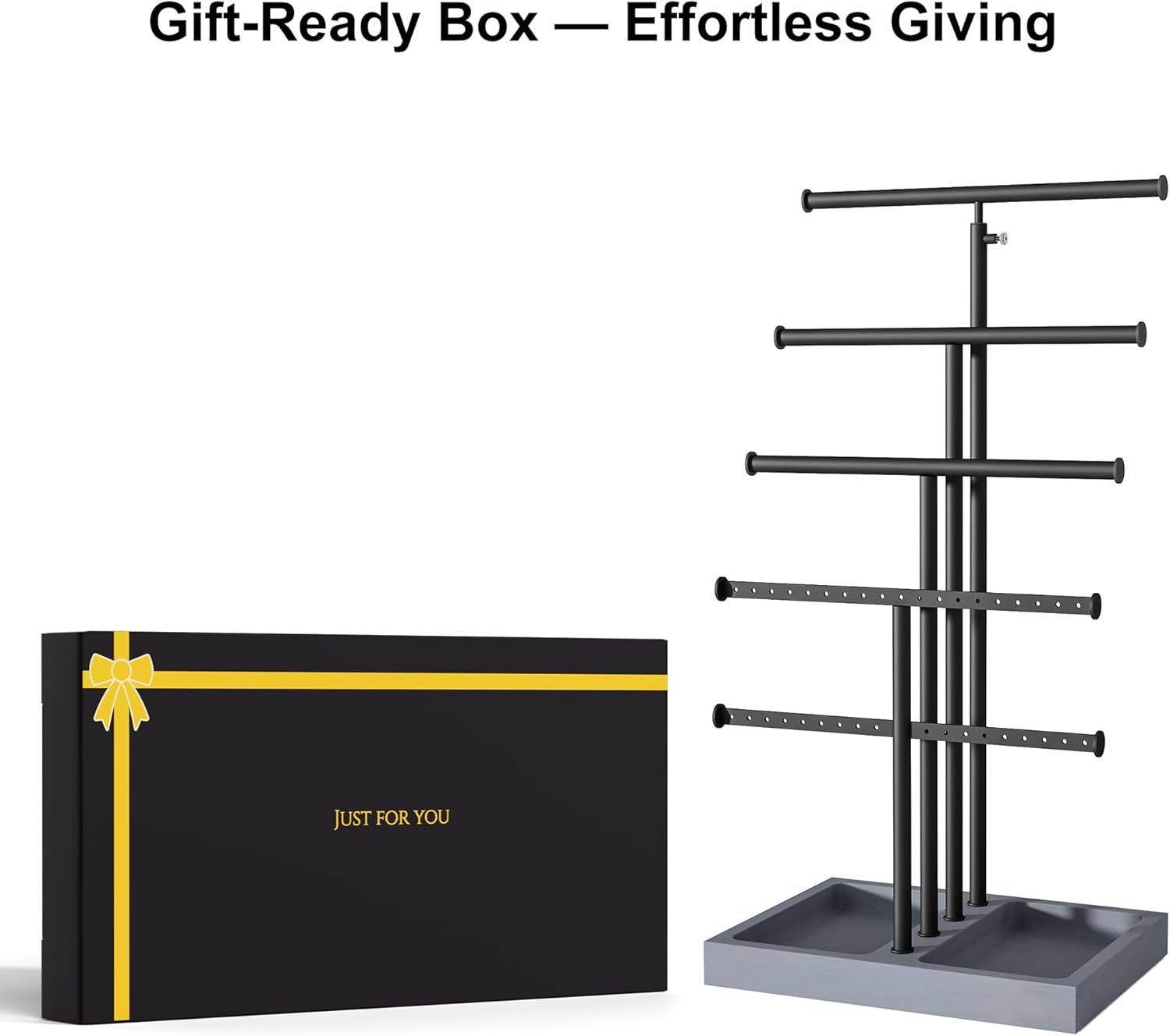 Love-KANKEI Jewelry Organizer Stand, 5 Tier Large Necklace Holder with Wood Base, Jewelry holder stand Tree for Display, Bracelets Earrings Rings, Height Adjustable Gift Weathered Grey