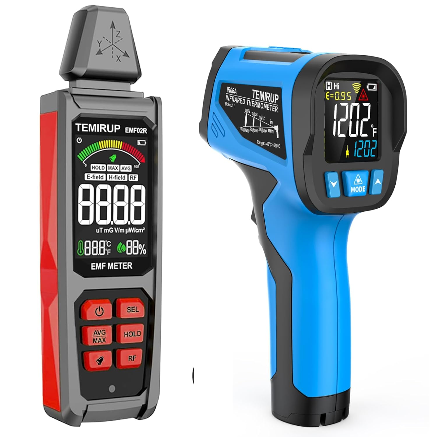 5 in 1 Handheld EMF Meter Radiation Detector, Detects EF, RF, MF, WiFi Signal & Infrared Thermometer Temperature Gun TEMIRUP Non-Contact Digital Laser Thermometer Temp Gun with Thermocoupl