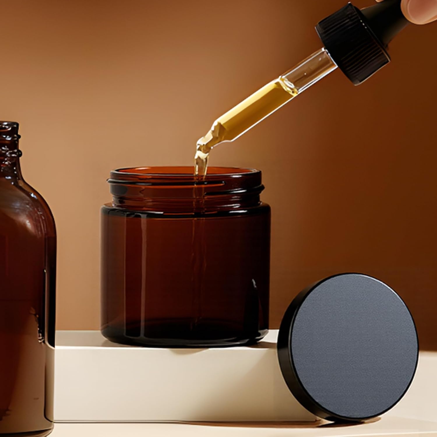 2oz Jars with Lids, HOA Kinh 40 Pack Amber Glass Jars with Lids Empty Cosmetic Containers Round Airtight Glass Jar with Black Lid for Storing Lotions Powders Ointments