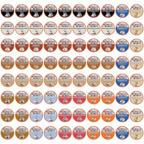 Double Donut Coffee Variety Pack Assorted Medium Roast, Dark Roast & Flavored Coffee in Recyclable Single Serve Cup, 80 Count