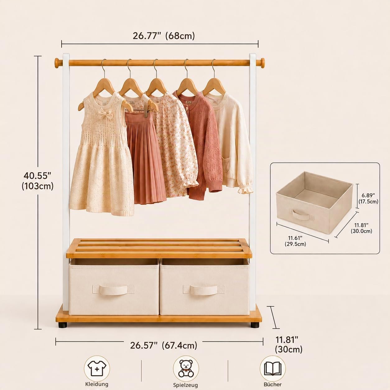 BAMBOOHOMIE Kindergarderobe mit 2 Aufbewahrungsboxen, Kleiderständer Kinder aus Bambus mit verstellbarer Stange & Ablagen, Kleiderständer für Kinderzimmer, Spielzimmer (Weiß)