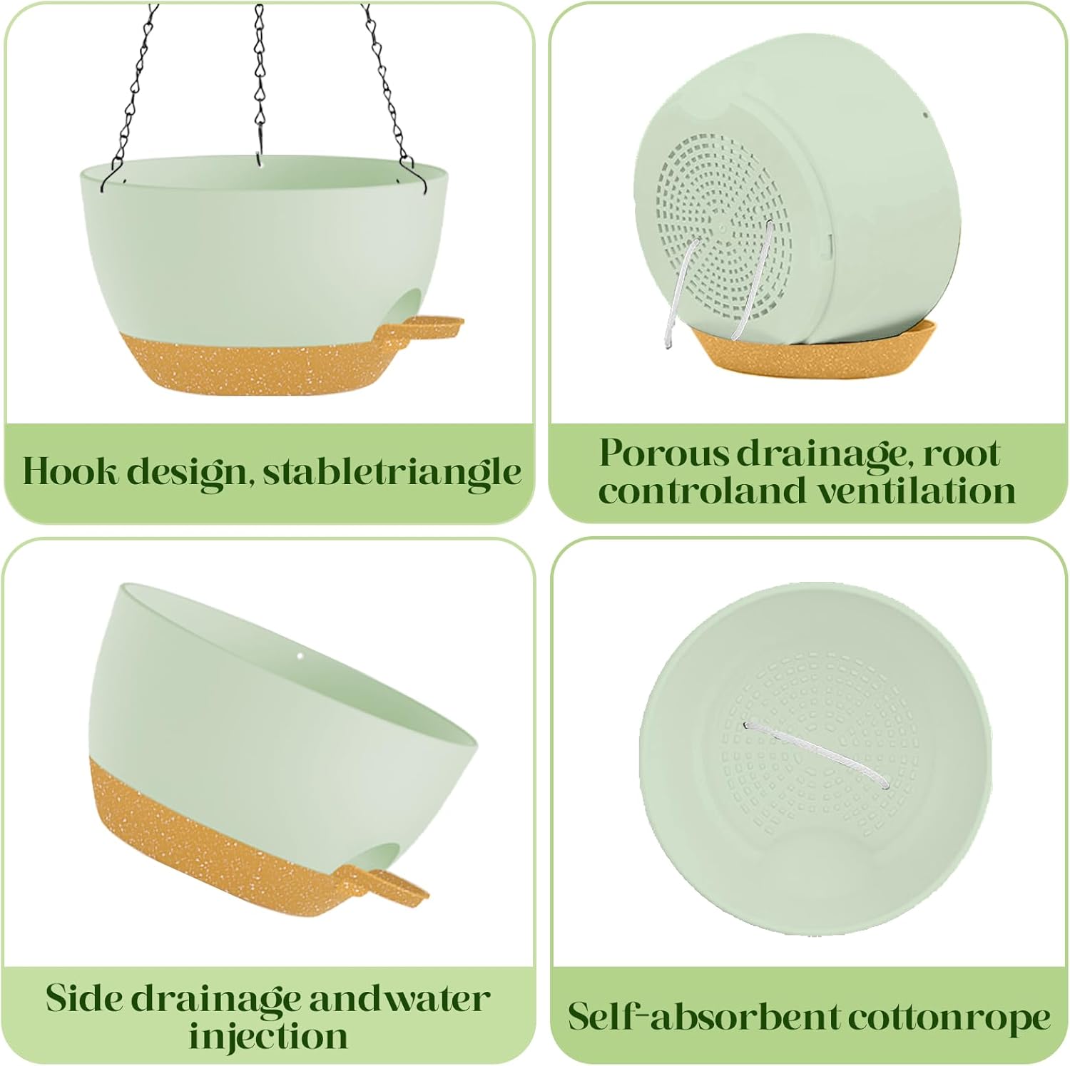 2 Pack 10 Inch Self Watering Hanging Planters for Indoor Plants, Large Green Brown Plastic Hanging Pots with Chains for Outdoor Patio Garden Home Decor (Green Brown)