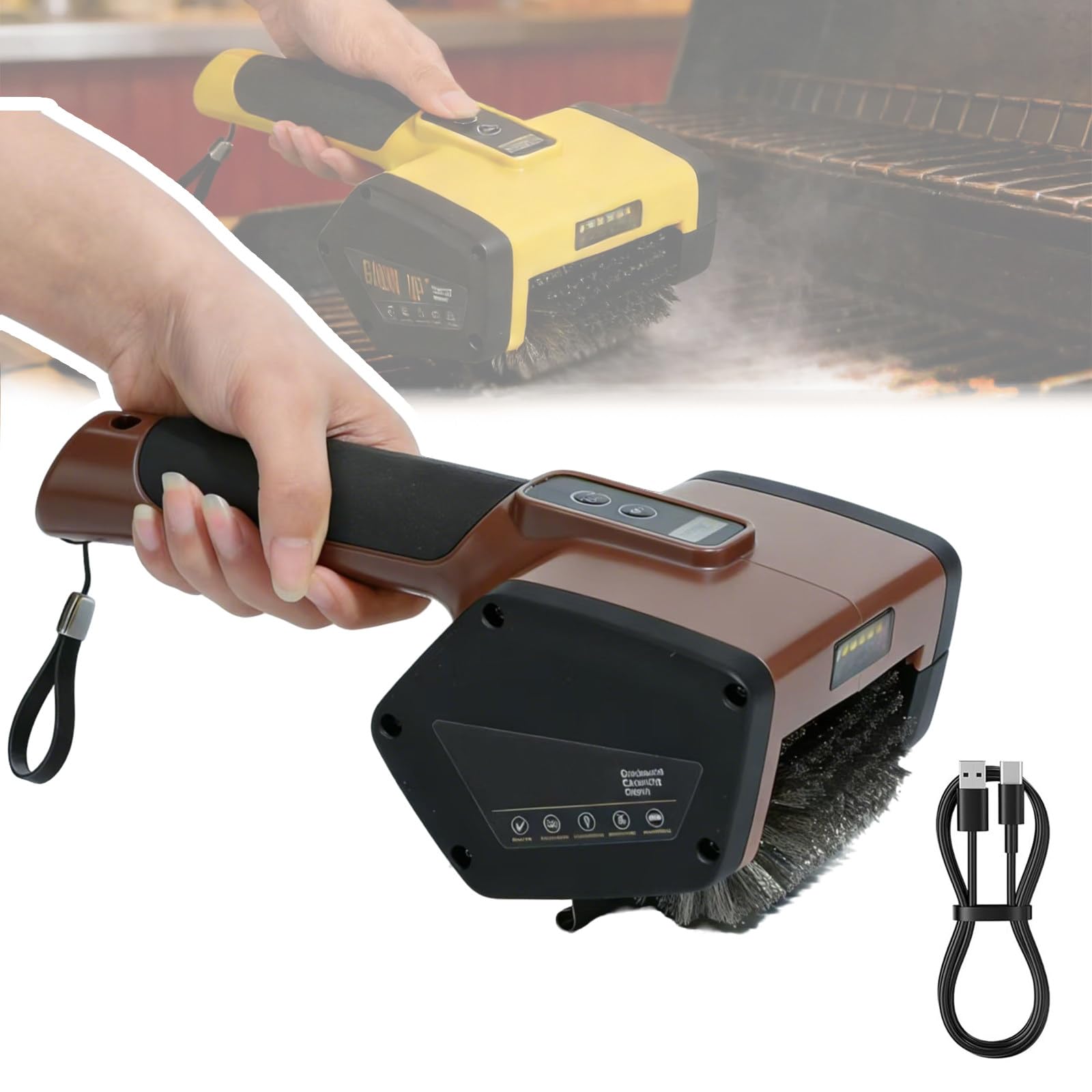 Cepillo Eléctrico para Parrilla, Cabezal de Acero Inoxidable, 500-800 RPM, Luces Led Y Protector contra Salpicaduras, Inalámbrico Recargable para Parrillas de Exterior Brown