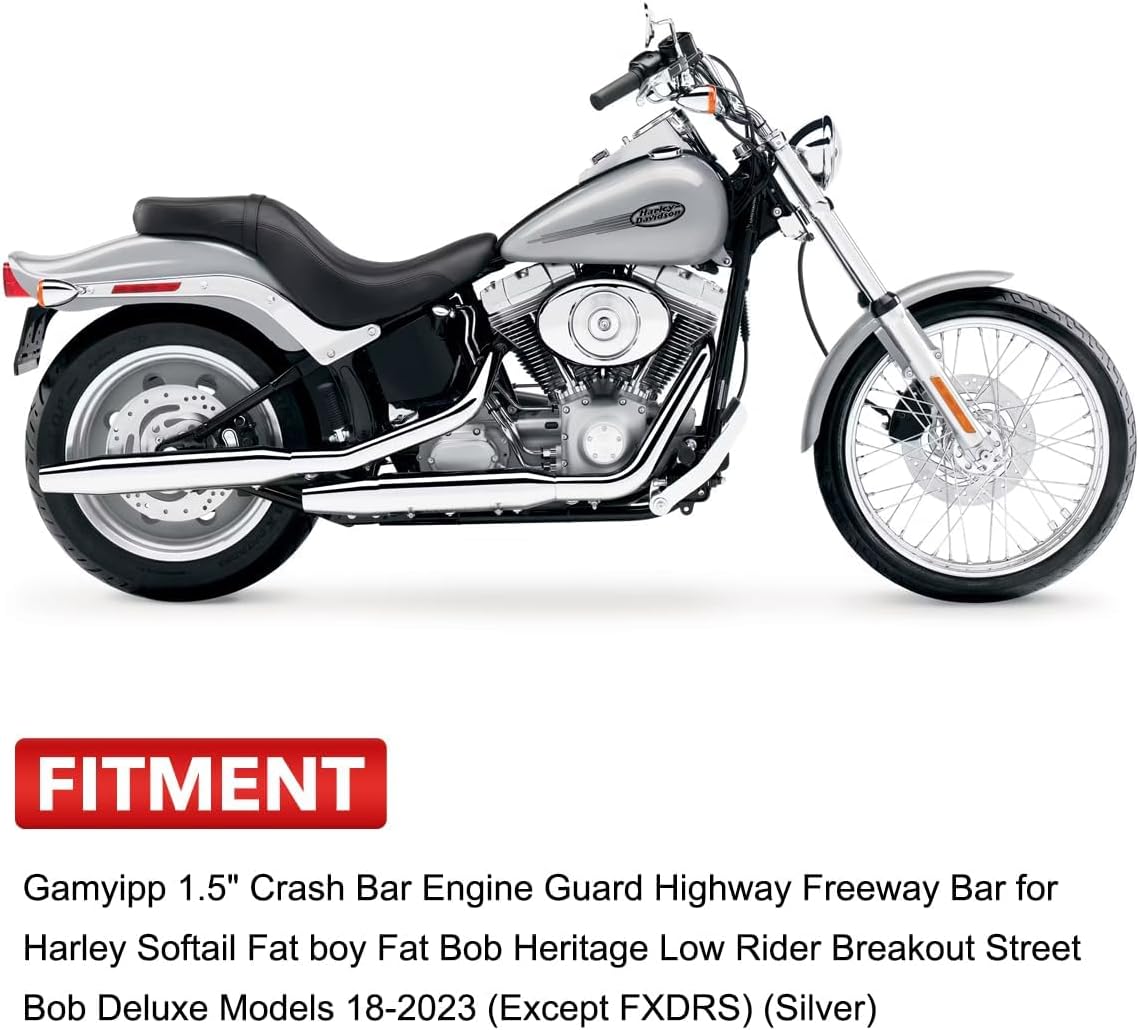 1.5" Crash Bar Engine Guard Highway Freeway Bar for Harley Softail Fat boy Fat Bob Heritage Low Rider Breakout Street Bob Deluxe Models 18-Later (Except FXDRS) (Silver)
