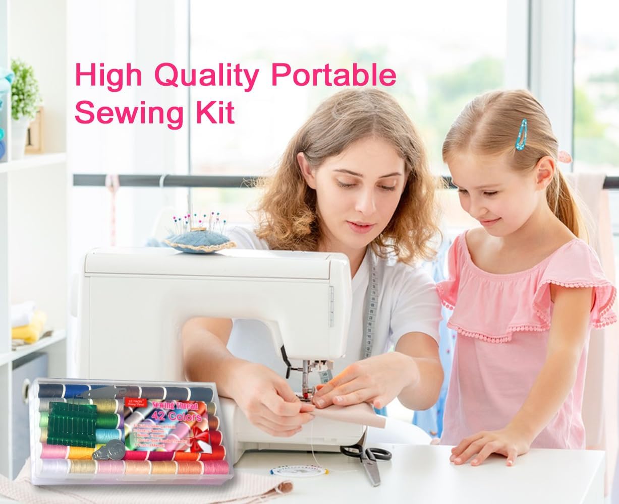 All Purpose Sewing Thread Set - 42 Assorted Rainbow Color Series and White Black Handy Polyester Thread Kit Includes 9 Hand Needles, 2 Needle Threaders, Suitable for Hand and Machine Sewing