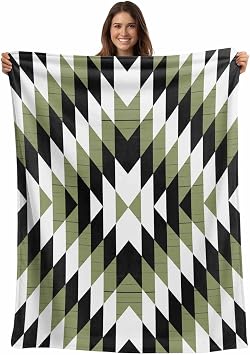 Green Aztec Flannel Fleece Throw Blanket for Couch Chair Sofa Bed, Lightweight Soft Blanket for Women Men, Black White Southwest Retro Geometric Warm Cozy Blankets for All Season 32" x 48"