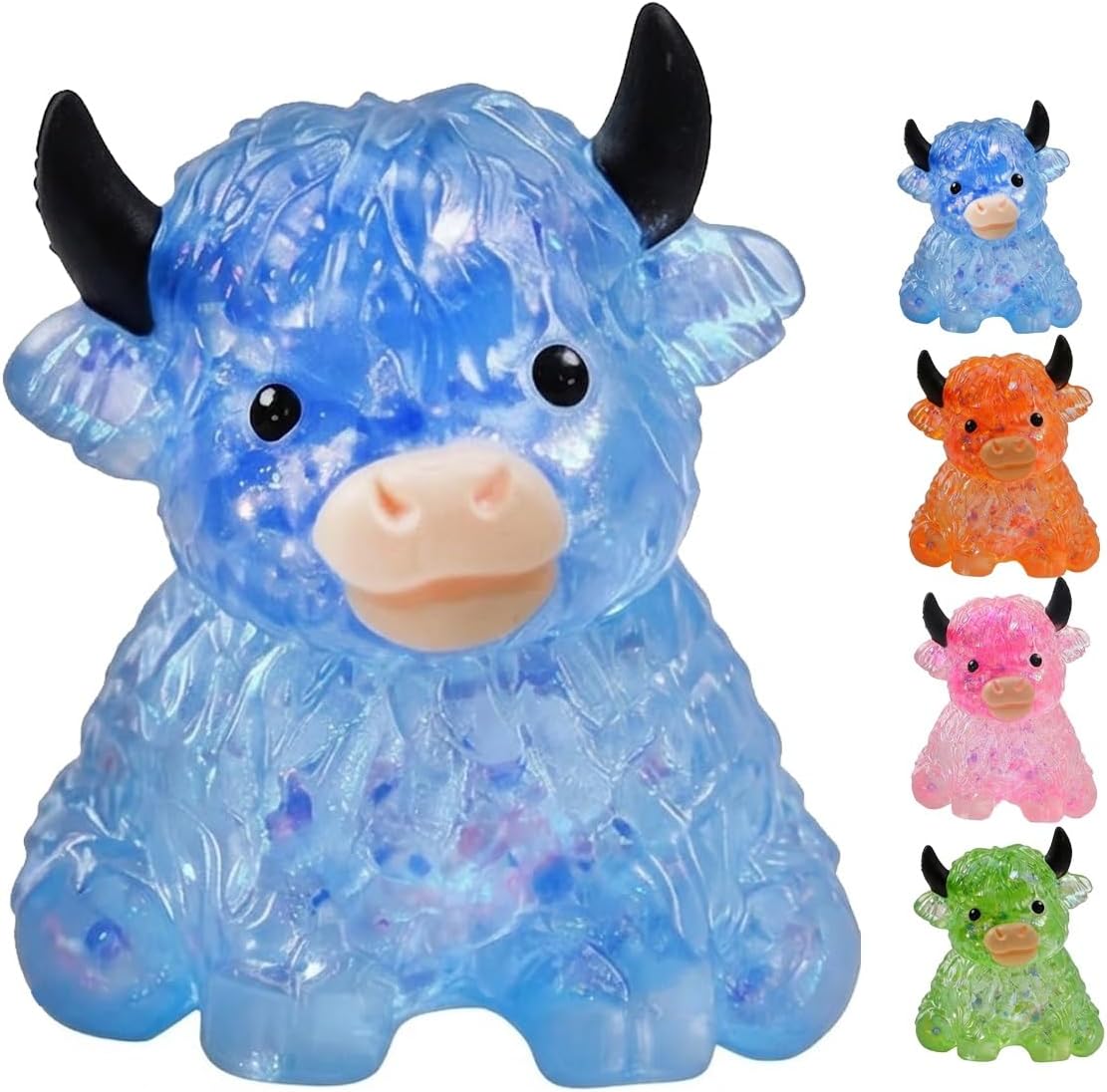 Squishy Cow Highland Cow Stress Ball Glitter Highland Squishies Fidget Toy with Textured Crystal Jelly Sensory Balls for Anxiety Relief Squeeze Squishies for Adults Pets Lovers(Mix-4pcs)