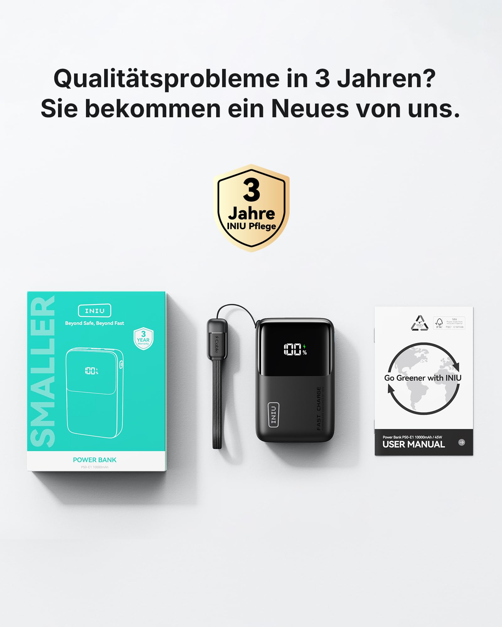 INIU Power Bank, Ultra Mini 45W Schnellladen 10000mAh Powerbank mit Angebrachtem USB C Kabel, Flugtauglich Externe Handyakkus, Reise-Essential für iPhone 17 16 Pro, Samsung S25, Xiaomi, iPad etc