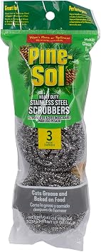 Pine-Sol Heavy-Duty Stainless Steel Scrubbers | Wont Rust or Splinter | Scrub Sponges for Cast Iron, Oven Racks, Grills, 3 Pack