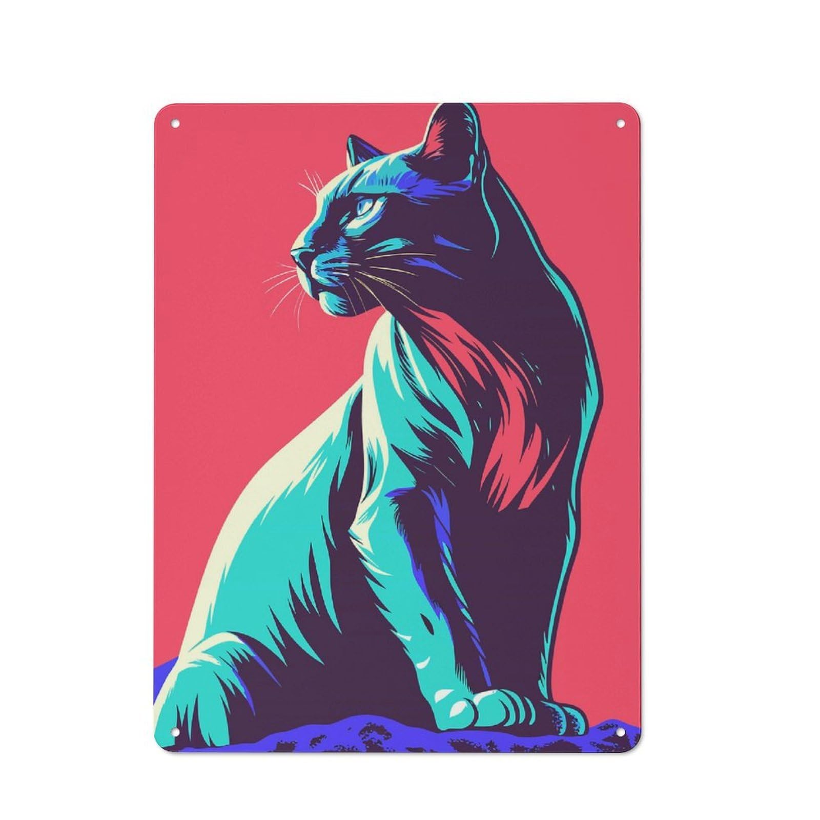 Junmoney Stylized Cat Portrait With Bold Colors Vintage Vintage Tin Sign 40X30cm, Cafe Wall Decor For Bakery, Diner, Cafe Or Family Room