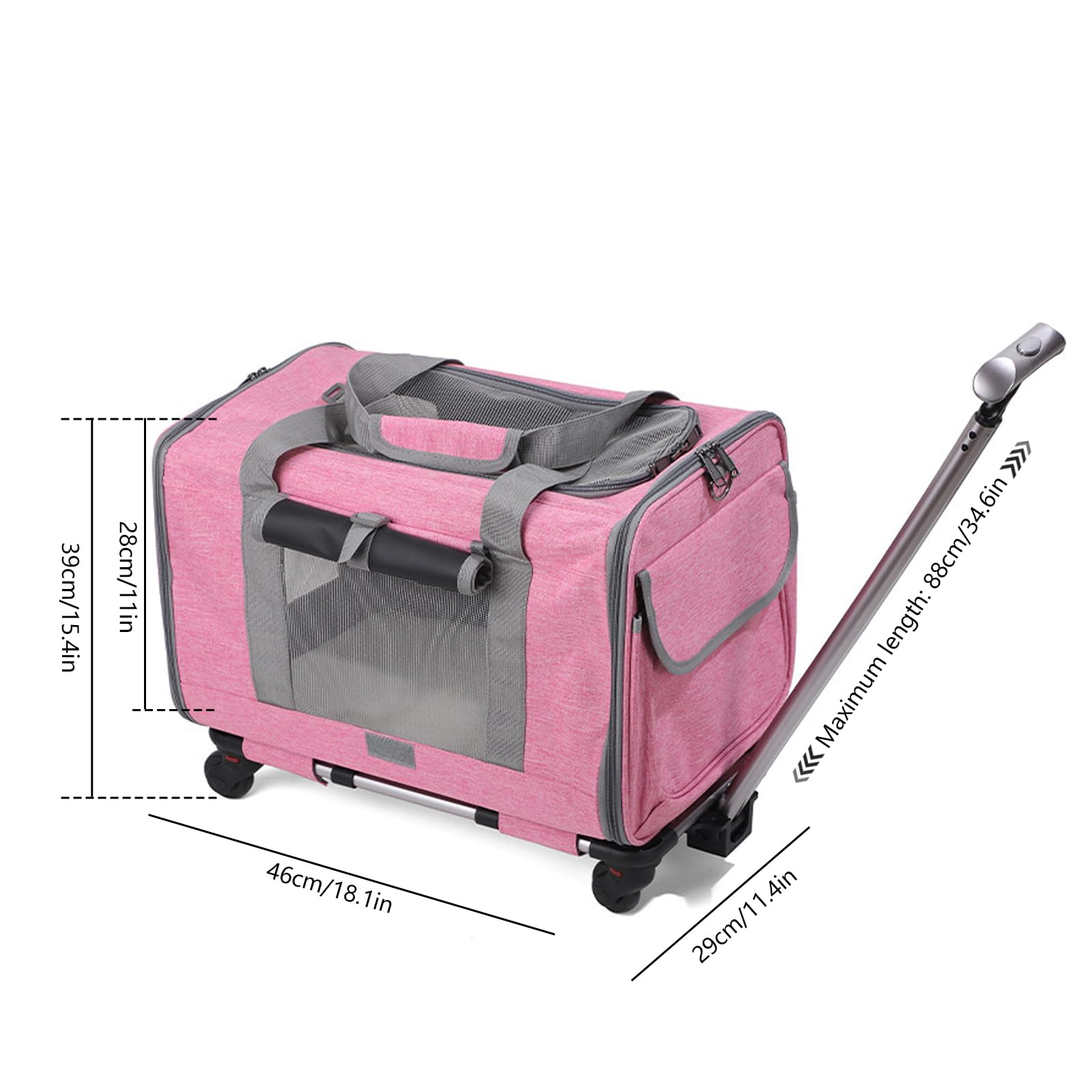Bolsa de transporte con ruedas para gatos y perros, bolsa de transporte con asa telescópica y ruedas extraíbles, transportín plegable con carrito para perros pequeños y medianos y gatos (rosa)