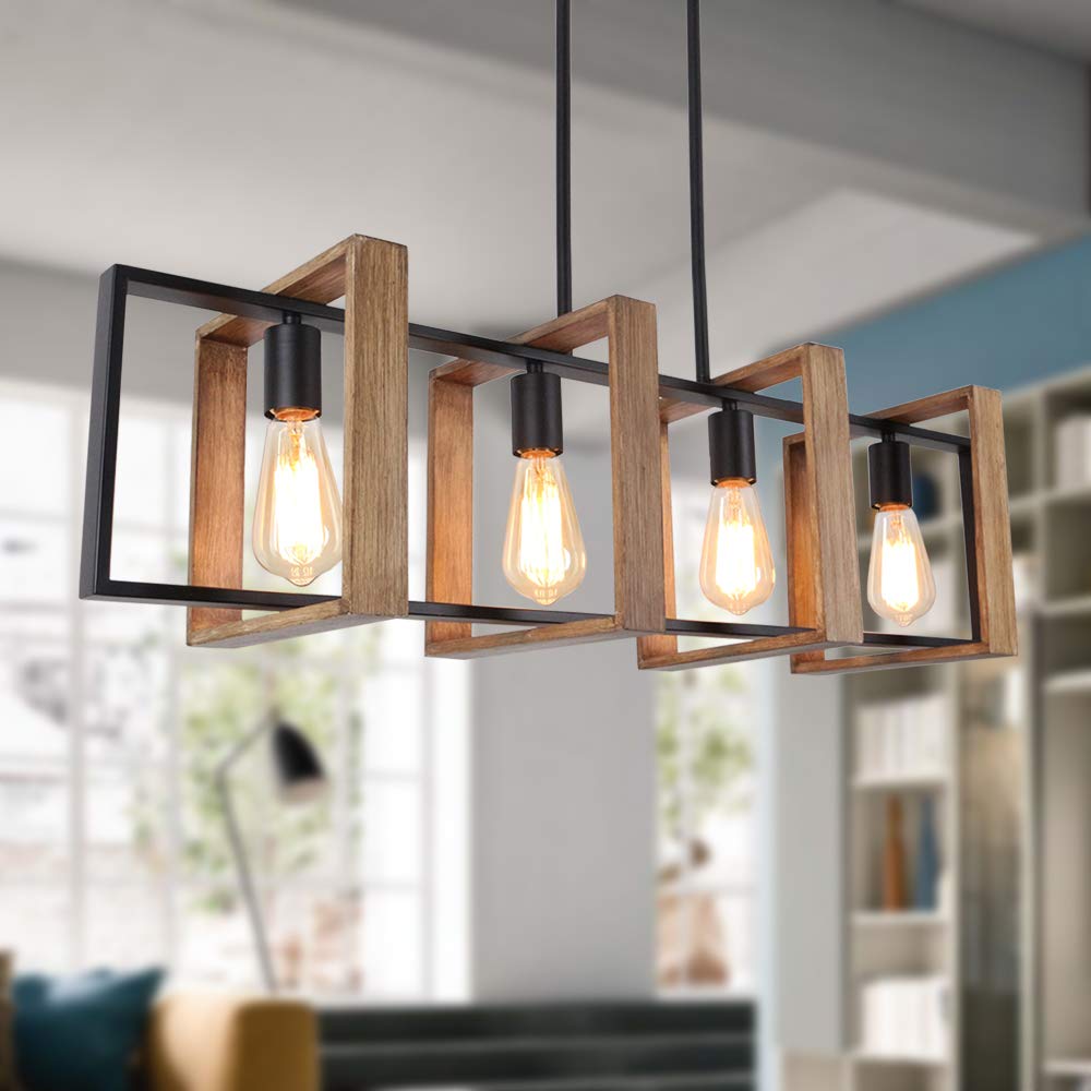 9MMML 4-Light Kitchen Island Chandelier, Wooden Frame, Black Metal Finish,