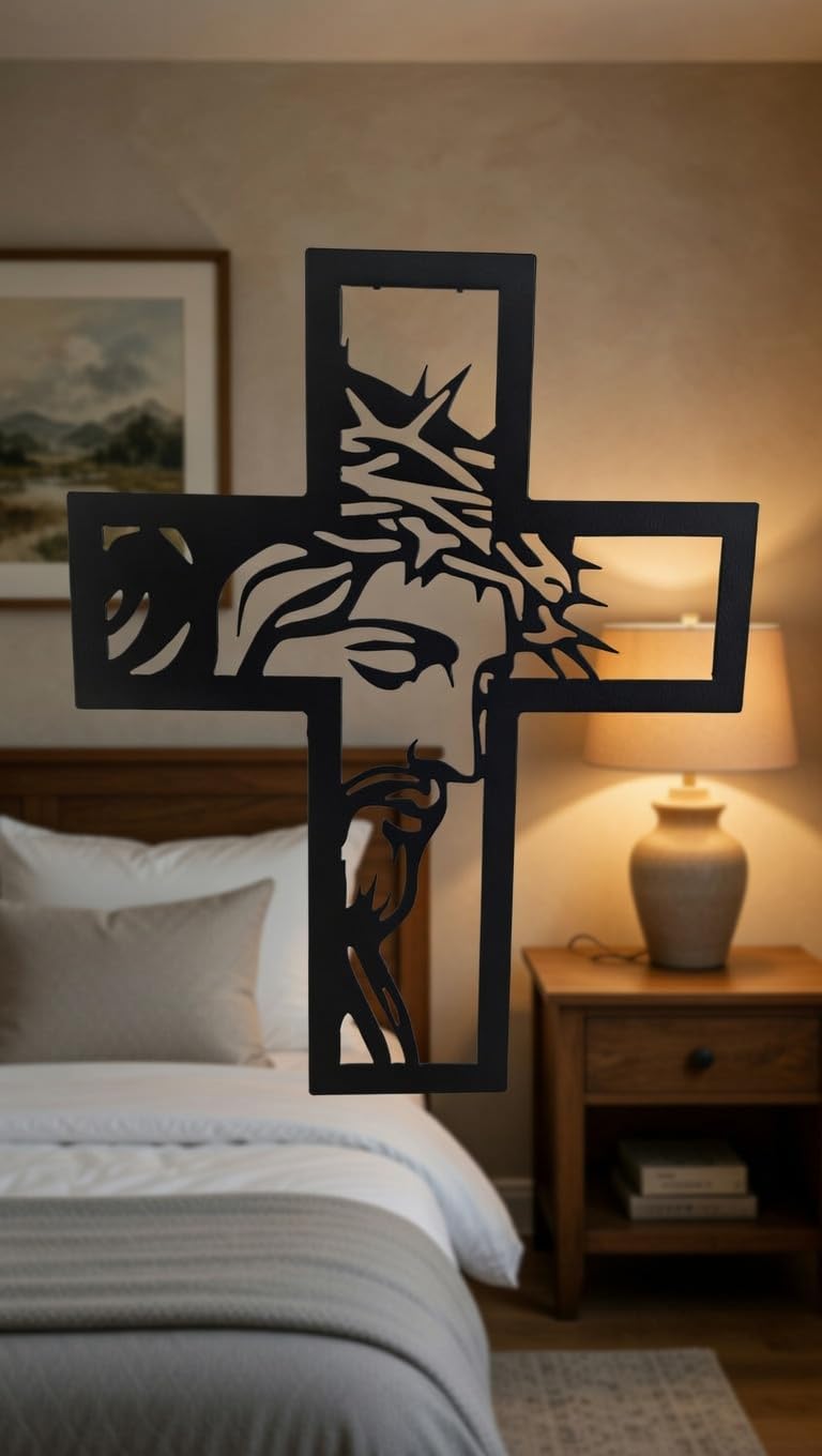 Jesus Christ Cross Metal Wall Decor, Black, Powder Coat Finish, Modern Style, Religious Home Decoration