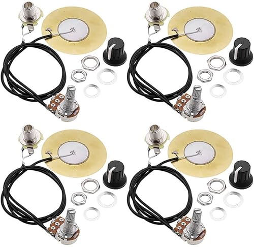 4PACKS 50MM Pastilla de guitarra Transductor piezoeléctrico amplificador precableado con salida de 0.250 in