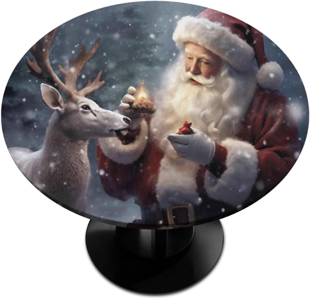 Round Tablecloth with Elastic Edge Elk Santa Claus Dream Fitted Circle Table Cover wipeable Round Table Cloth for Indoor Outdoor Patio Dining Kitchen Festival Decor for 45-50 inch Tables