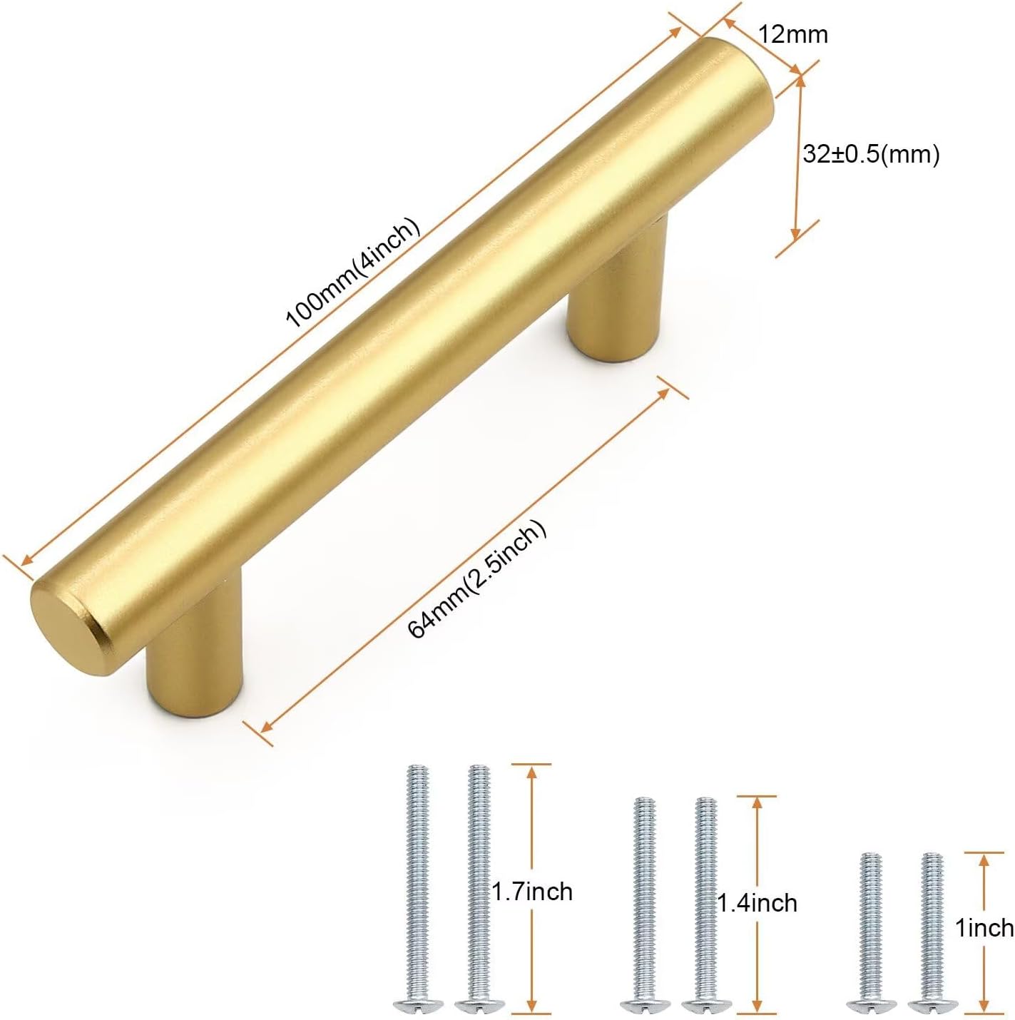 Probrico 10 Pack Hole Centers (64mm) 2-1/2inch Gold Kitchen Cabinet Pulls Stainless Steel Polished Gold Cabinet Handles Round T Bar Pull Handle for Cabinets and Drawers Total Length 4inch(100mm)