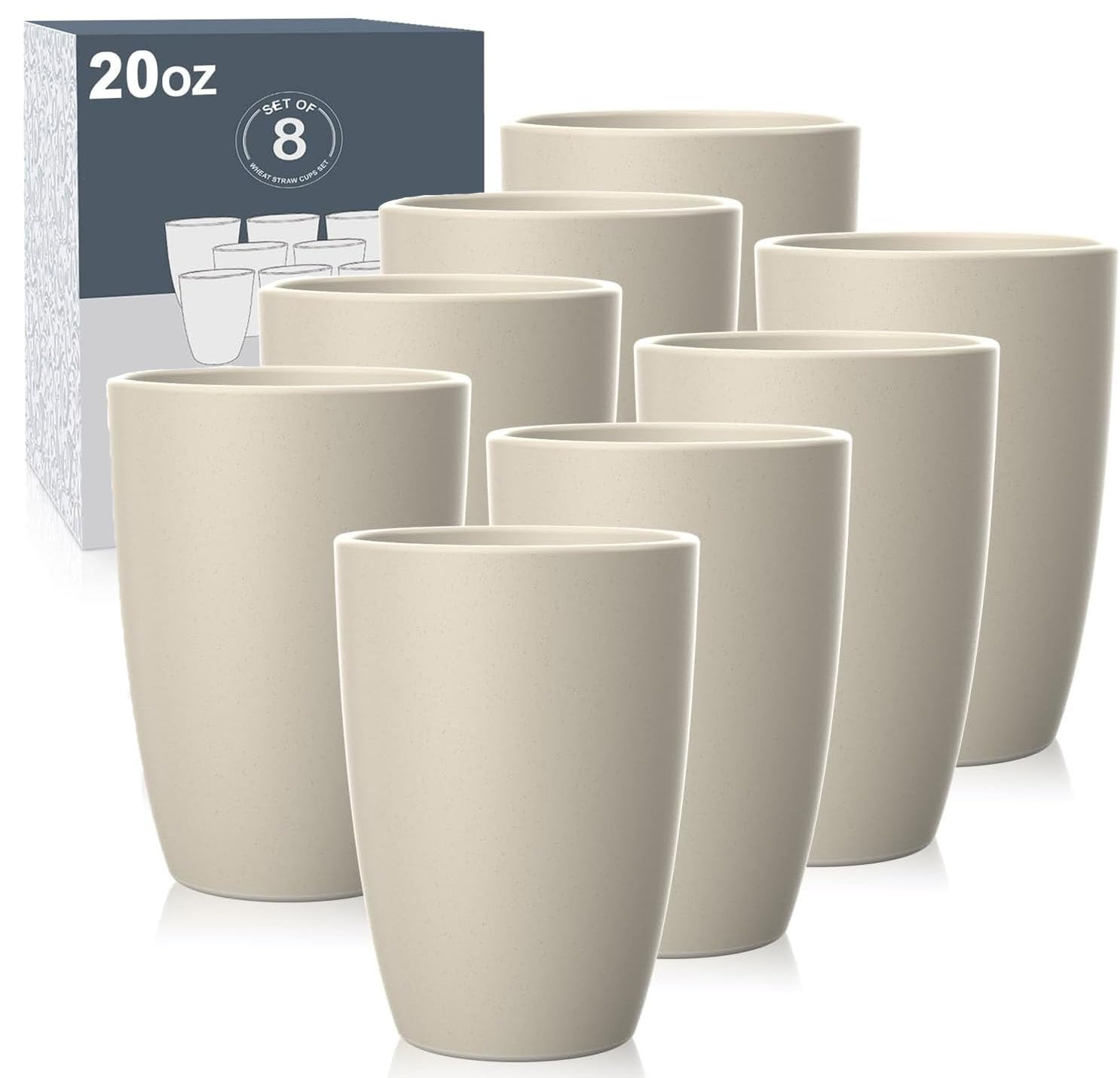 Wrova Reusable Cups 20 oz - Set of 8 Unbreakable Drinking Glasses Large Plastic Tumblers for Kitchen, Party, Camping Microwave and Dishwasher Safe - Beige