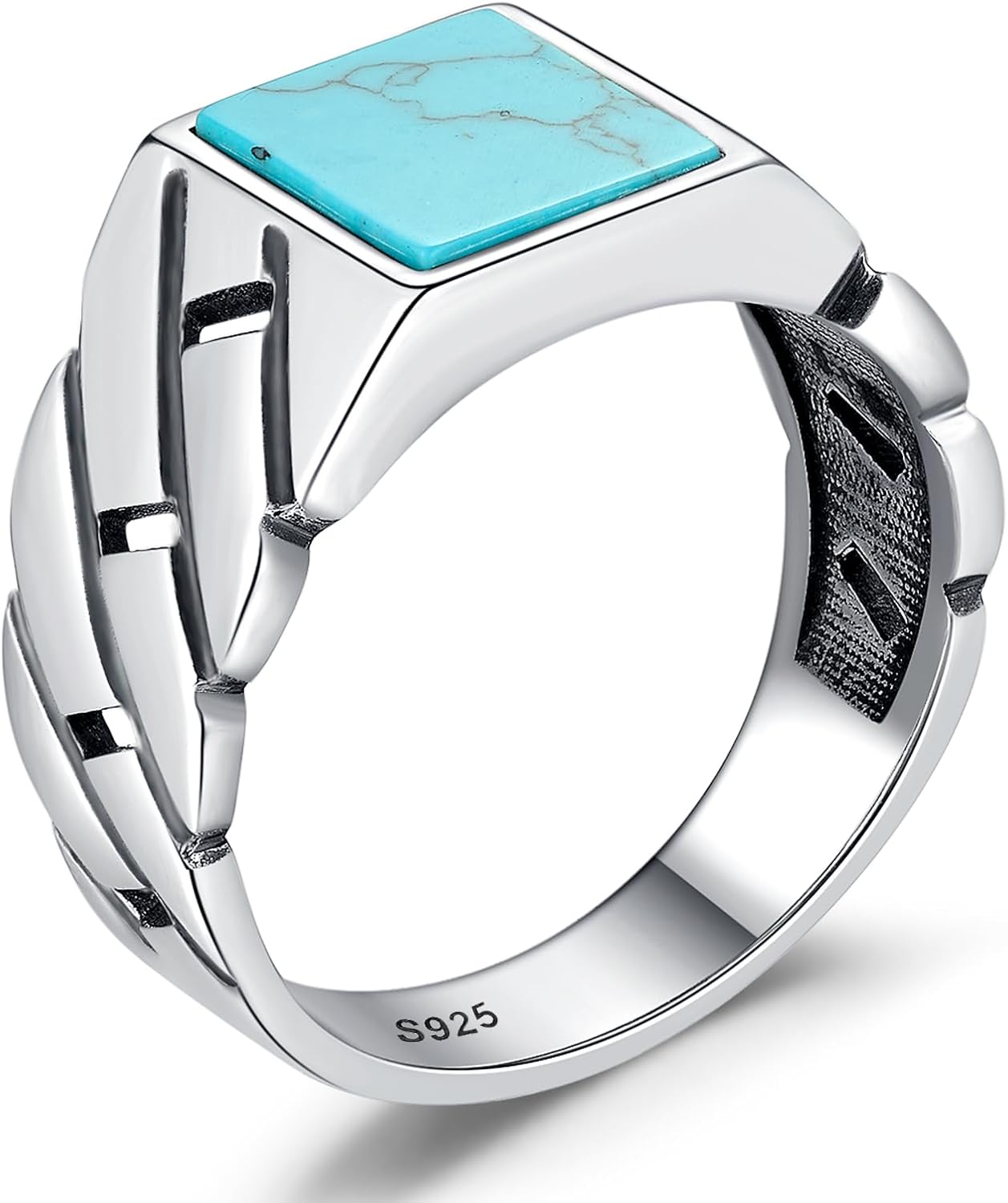 Yaresul 5ct 925 Sterling Silver Mens Teal Turquoise/Synthetic Black Onyx Rings Rectangle-Cut Handmade Mens Cuban Link Ring Anillos de Hombre for Birthday Jewelry Gift Band Width 4.8mm Size 8-12