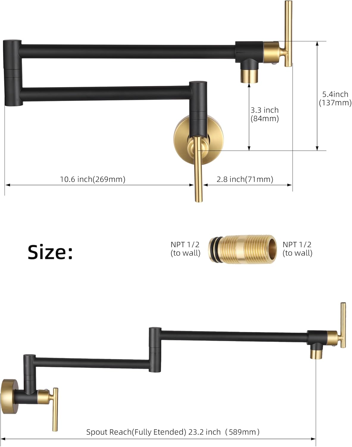 Fransiton Black Gold Pot Filler, Pot Filler Faucet Wall Mount, Brass Folding Stretchable with Double Joint Swing Arm Single Hole Two Handles Kitchen