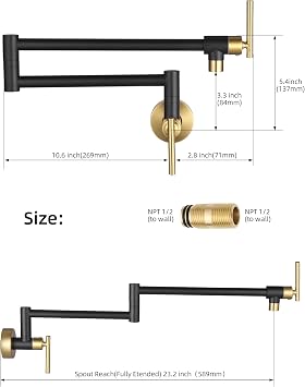 Fransiton Black Gold Pot Filler, Pot Filler Faucet Wall Mount, Brass Folding Stretchable with Double Joint Swing Arm Single Hole Two Handles Kitchen