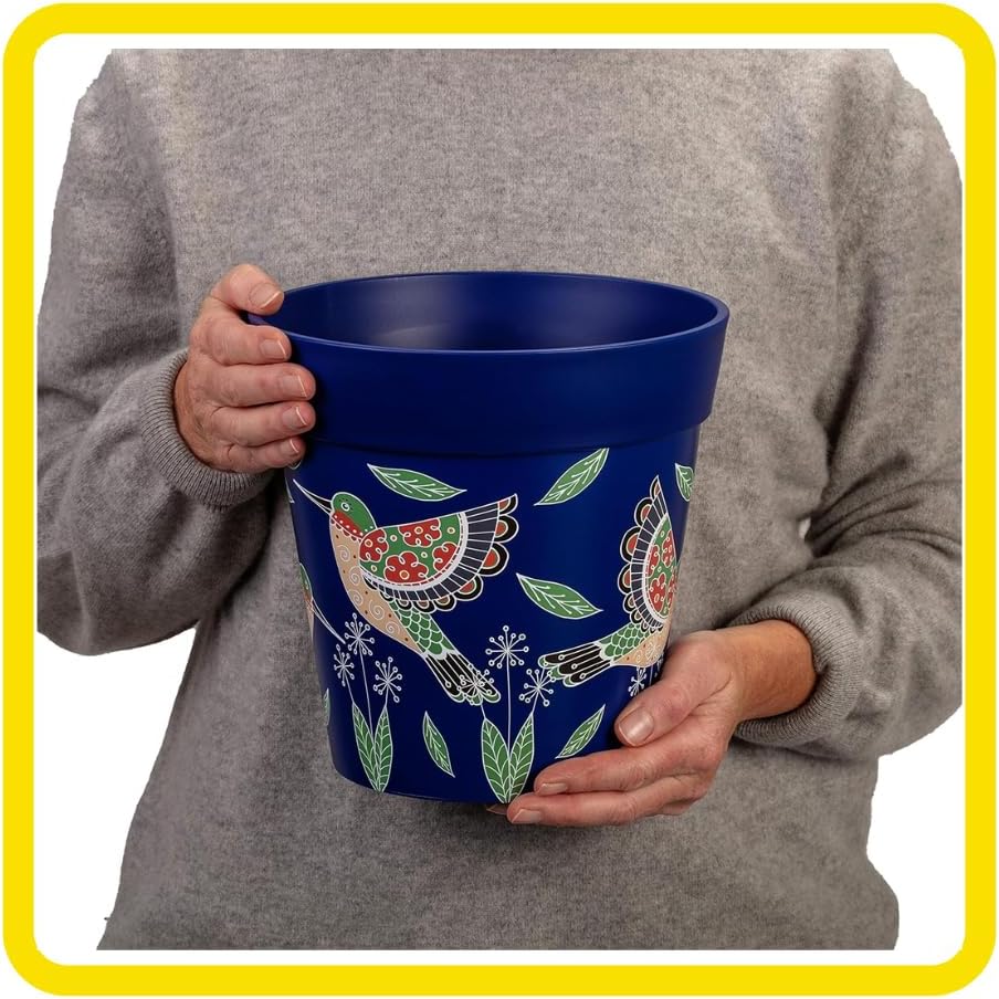 Hum Flowerpots, 8.5 inch Set of 3, Various Designs, Colors and Sizes, Plastic Plant Pots Indoor/Outdoor Hummingbird Blue